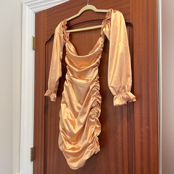 First Distraction The Label Petite bardot mini satin dress in carame - Picture 9 of 9